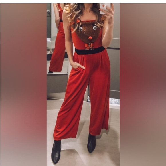 Born Famous Raindeer Holiday Jumpsuit Romper Multicolor sz L - Picture 4 of 13